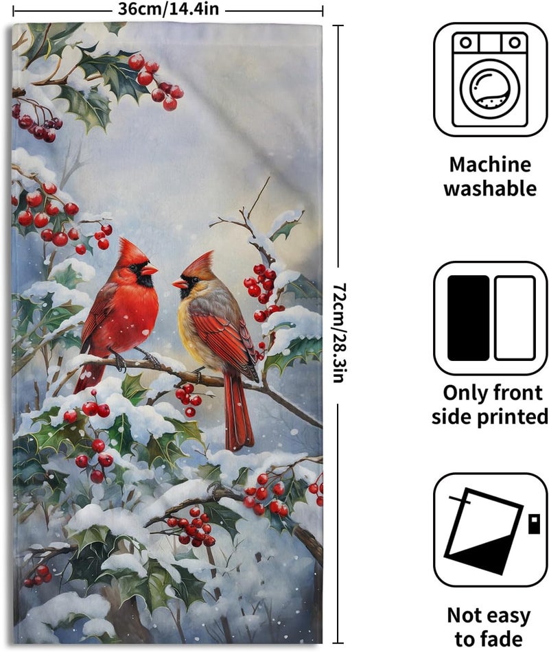 Granbey Winter Red Bird Hand Towels Pack of 2 Sweet Couple Cardinal Fingertip Towels Birds Holly Berry Branches Snow Christmas Holiday Bathroom Towels Soft Fast Drying Face Towel for Kitchen Spa Gym - Image 2